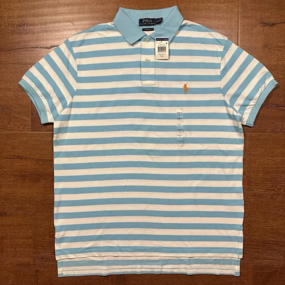 Ralph Lauren Polo Shirt Mens L Blue Stripe Short Sleeve Custom Fit Preppy Pony